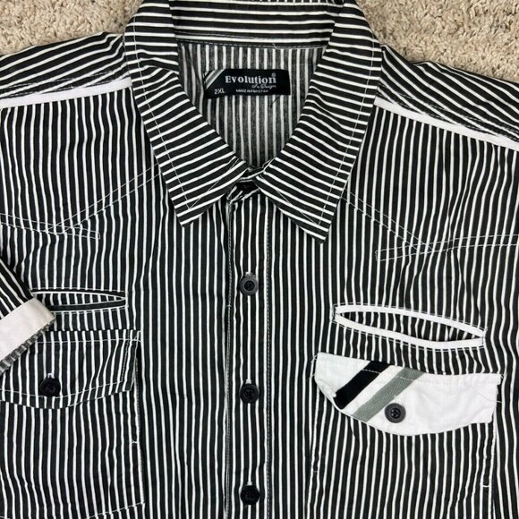 Evolution In Design Button Up Shirt Men 2XL Gray White Striped Short Sleeve - Picture 1 of 7